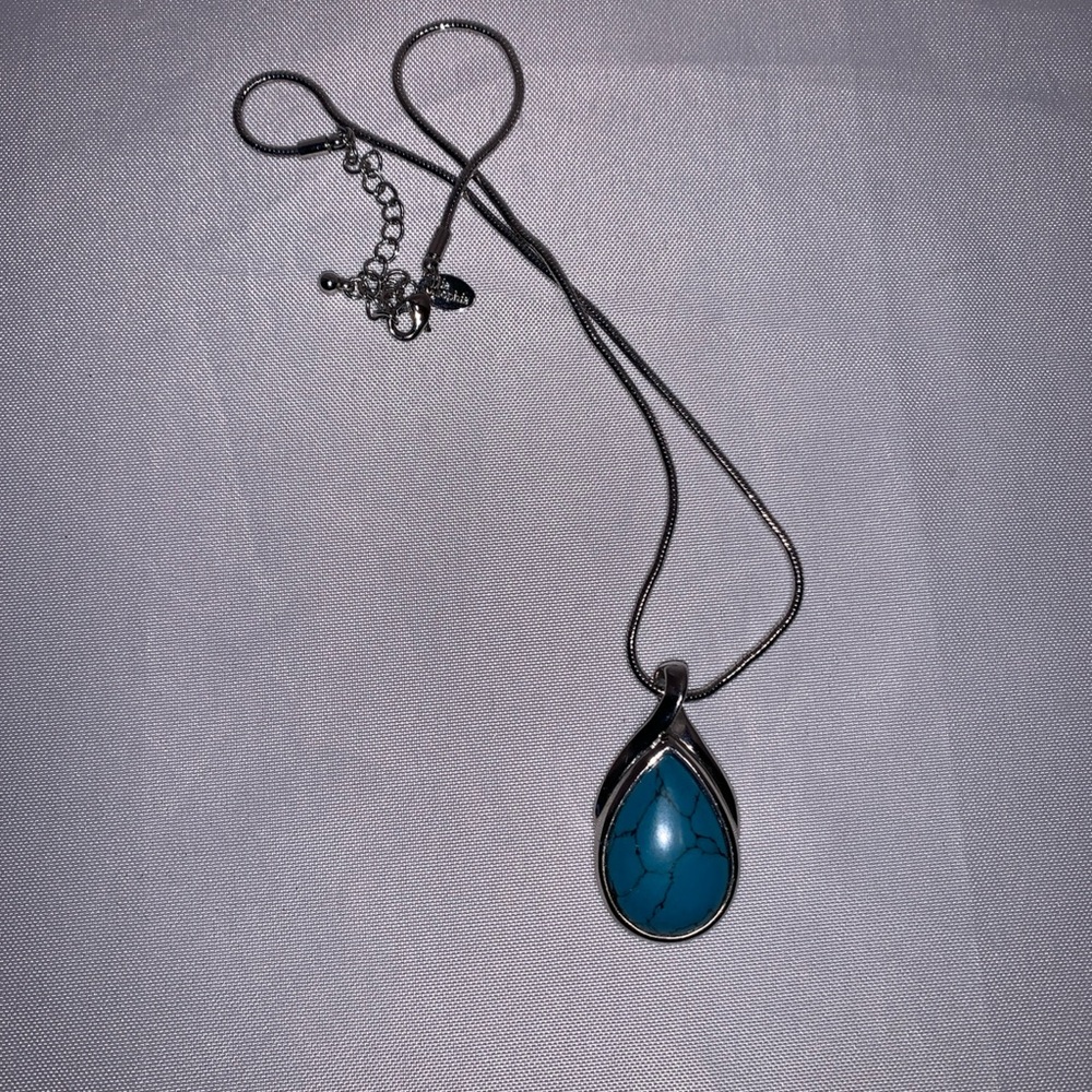 Lia Sophia Mohave Turquoise Teardrop Pendant Necklace Silver Tone